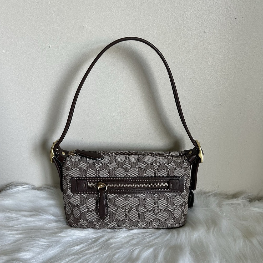 Coach Demi Bag Khaki Brown‎ Signature Jacquard Leather Shoulder Bag Excellent